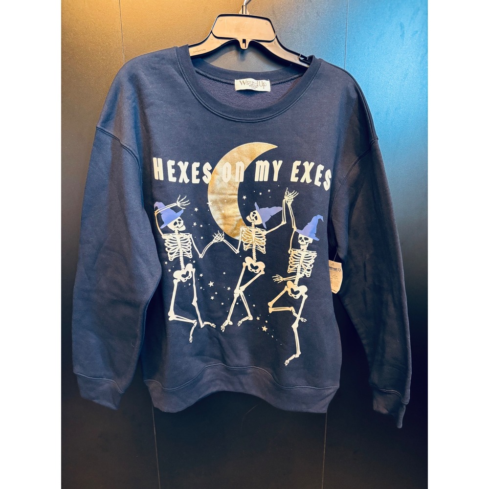 Wound Up Hexes On My Exes Halloween Skeleton Navy Crewneck Sweatshirt Large